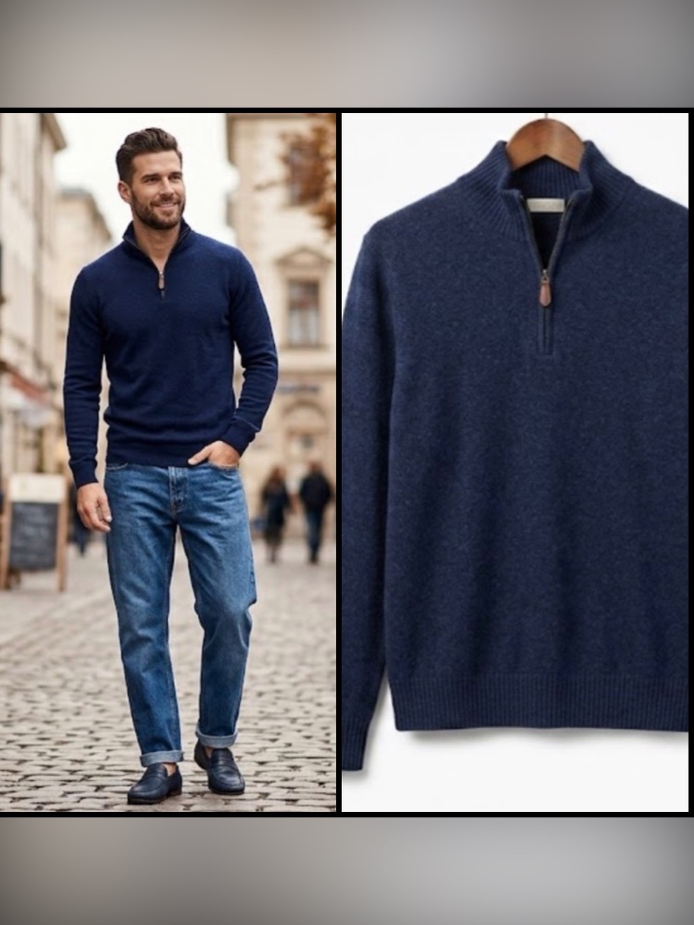 NWT Giasone Cashmere Navy Half-Zip Ribbed Mock Neckline Luxury Sweater XL Flaw